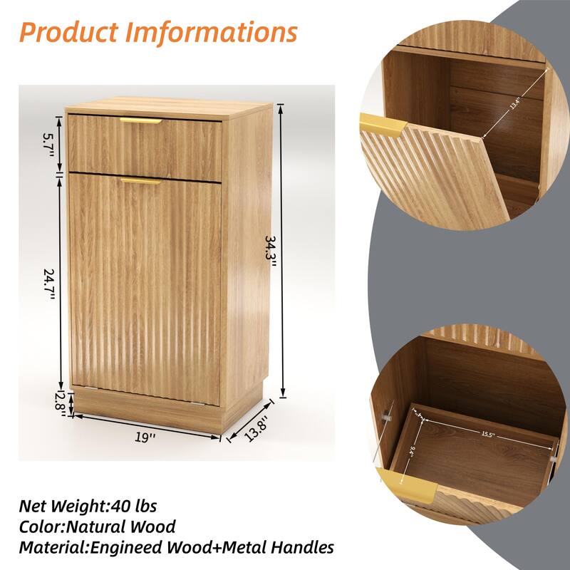 10-Gallon Woodgrain Tilt-Out Trash Can Cabinet Wooden Garbage Recycling Cabinet with Wave-Textured Hideaway Drawer&Pull-Out Bin