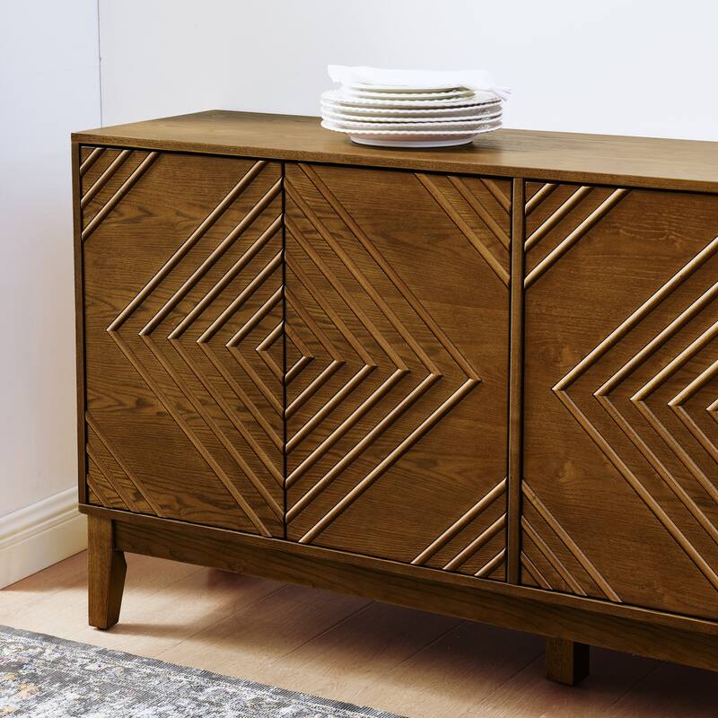 60.5" Buffet Cabinet with Storage, Farmhouse Fluted Sideboard with Geometric Pattern & Adjustable Shelves