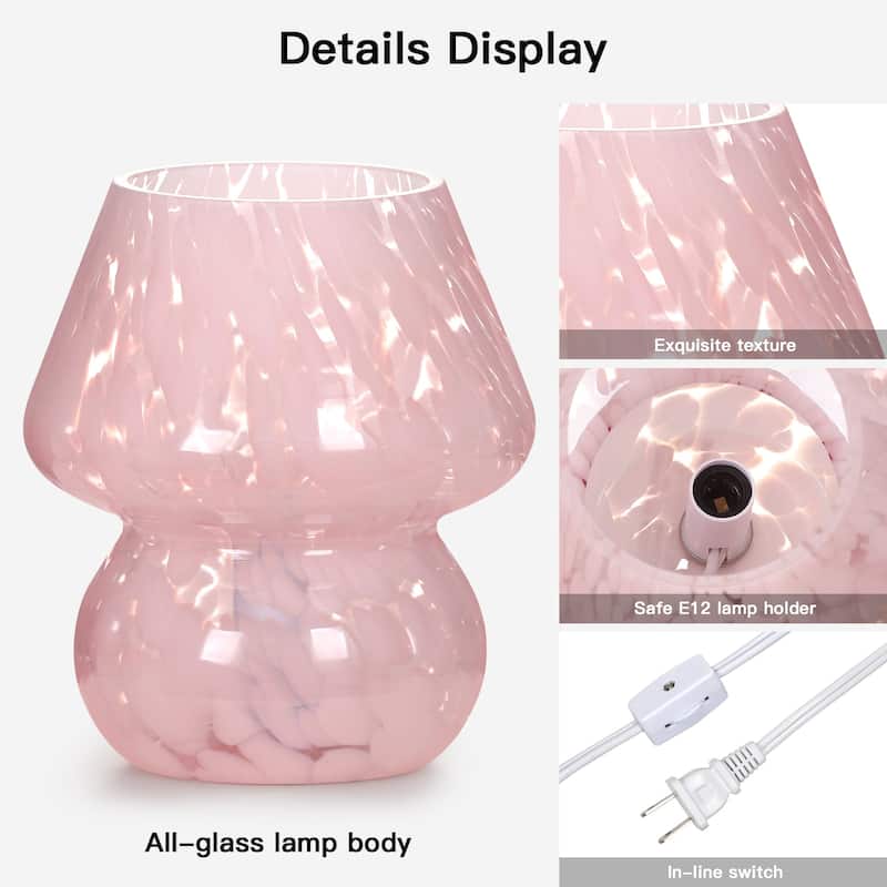 Pink Ripple Glass Table Lamp Dot Mushroom Style with In-line Switch - 5.75'' x 5.75'' x 7.25'' (L x W x H)