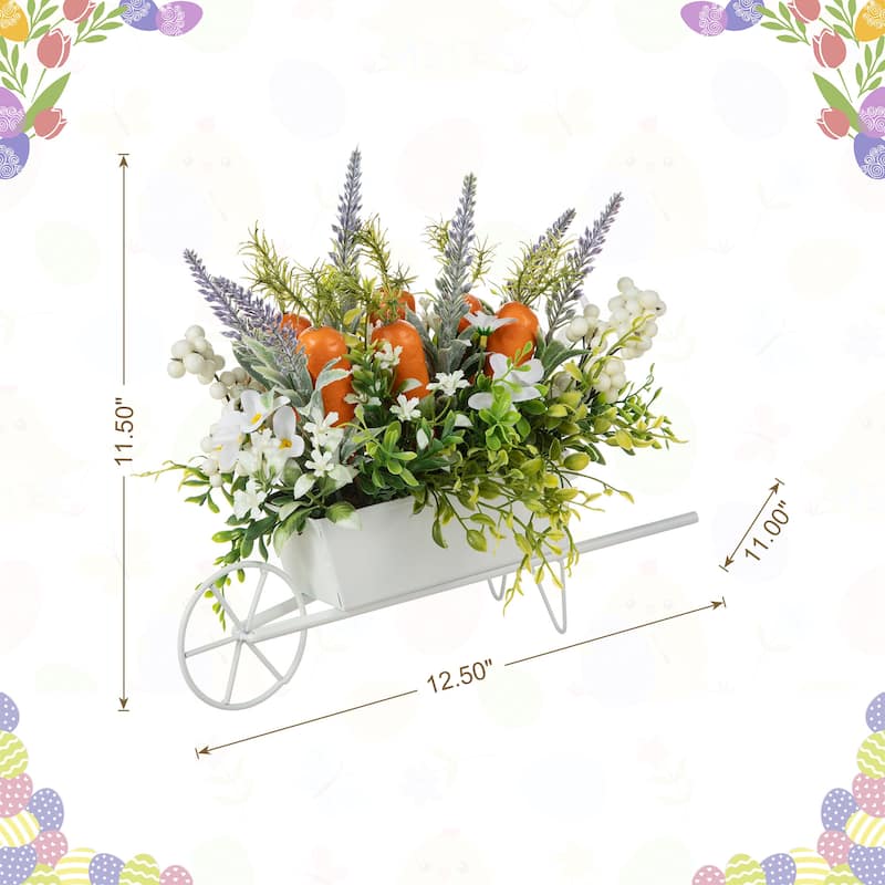 Glitzhome 12.5"L Easter Carrot Floral Wreath in Metal Wagon Centerpiece Table Decor