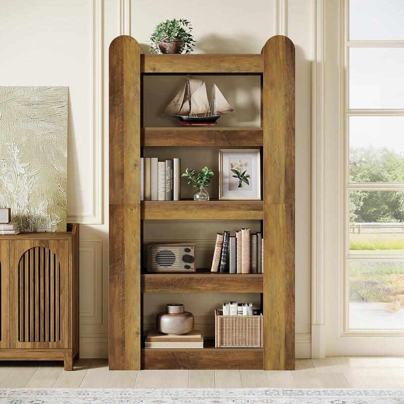 70.86-inch Bookcase, 5-Tier Farmhouse Wooden Tall Bookshelf, Freestanding Display Shelf Storage Shelves