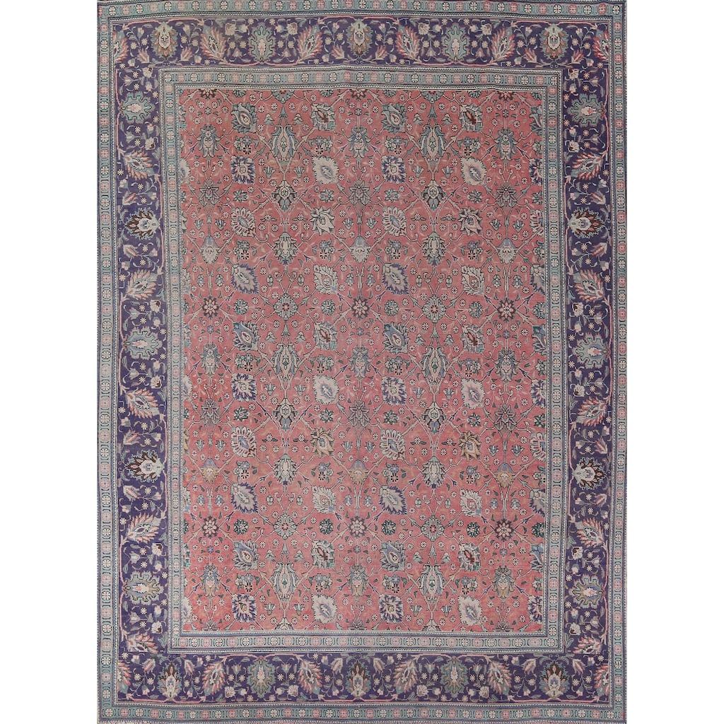 All-Over Floral Pink Tabriz Persian Vintage Rug Handmade Wool Carpet - 10'0" x 12'4"
