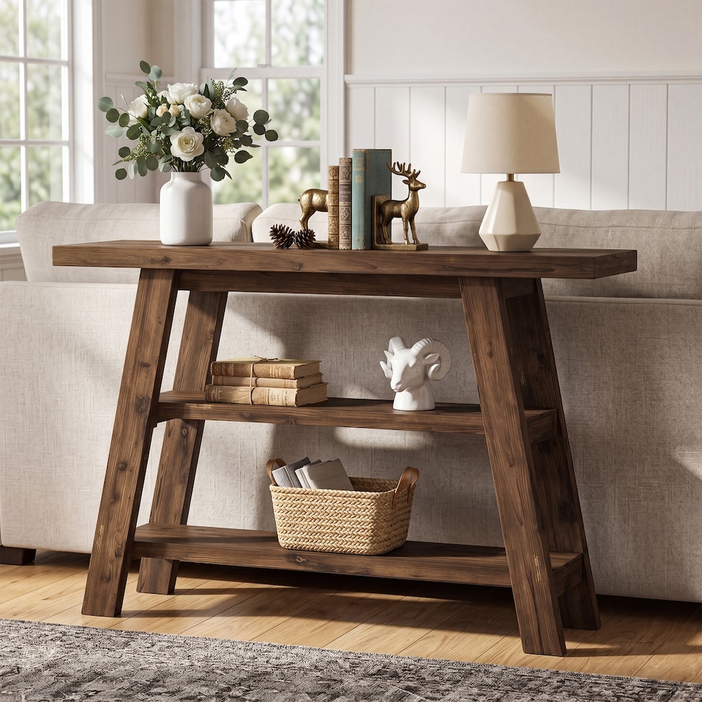 Solid Wood Console Table, 47.24" Long Farmhouse Entryway Table with 3-Tier Shelves