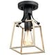 preview thumbnail 10 of 10, 1-Light Black and Wood Farmhouse Open Cage Semi-Flush Mount Ceiling Light - 6.3"W