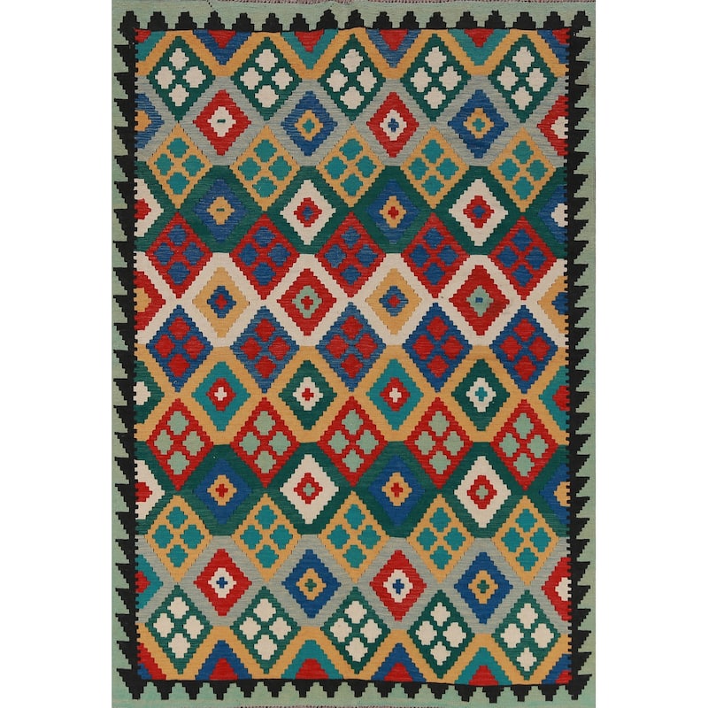 Hand Woven Oriental 100% Wool Carpet Southwestern All-Over Multi-Colored Kilim Area Rug - 7' 11'' X 5' 6''