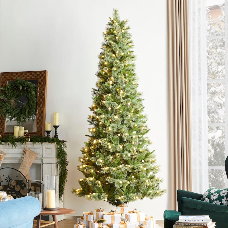 Glitzhome 7.5ft/9ft Pre-Lit Green Slim Pine Artificial Christmas Tree with Foot Pedal & Remote Control