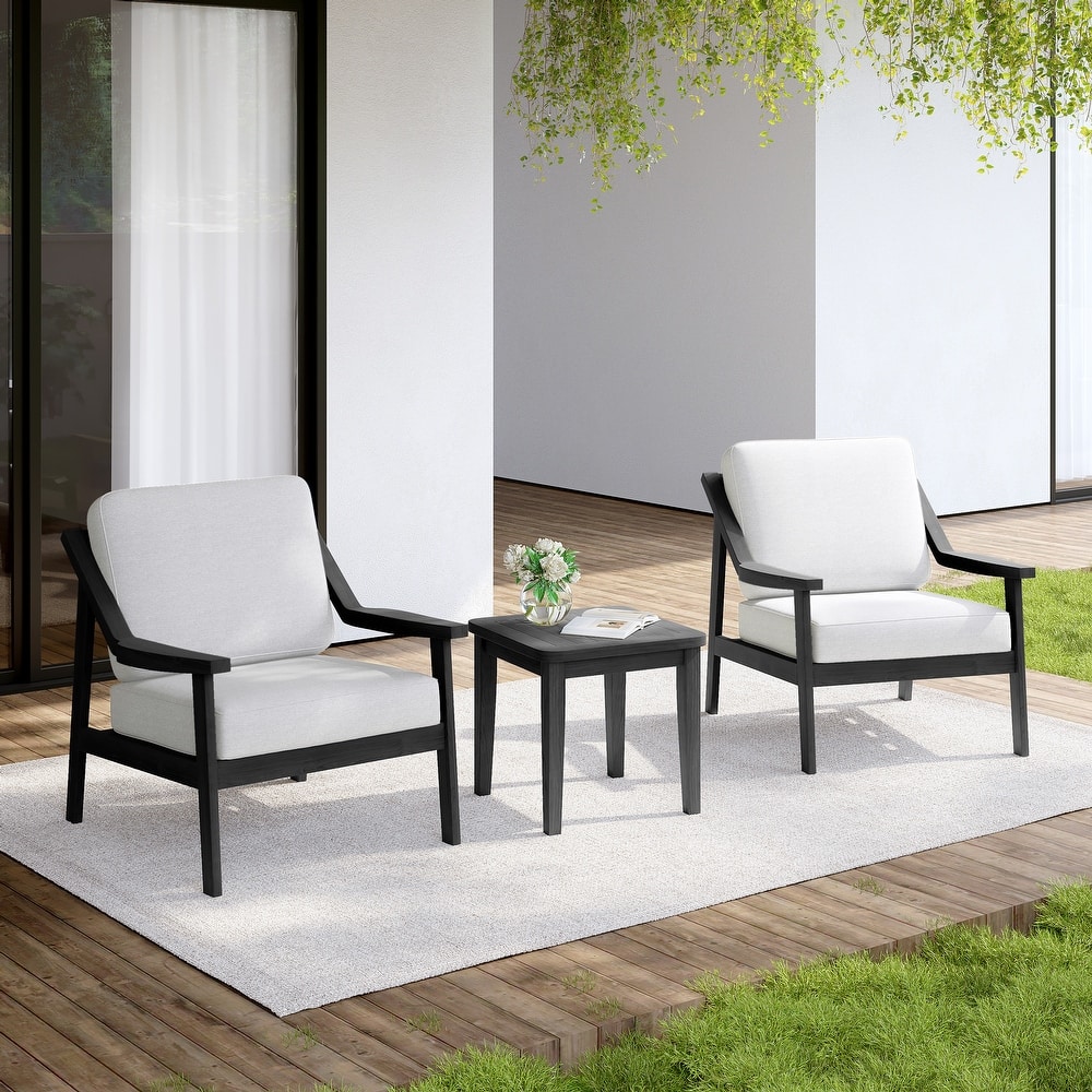 Outdoor Wood Cushioned Patio Set of 2 Accent Chair with Side Table