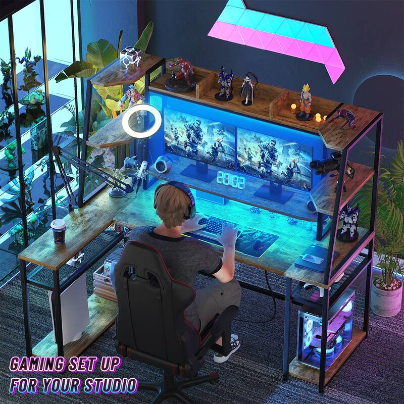 Ultimate L-Shape Gaming Desk with Hutch & Shelves, Reversible Computer Desk with LED Lights & Charging Station