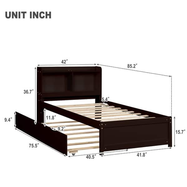 dimension image slide 2 of 3, Twin Wood Platform Bed with Trundle, Versatile Platform Bed with Storage Headboard, Solid Wood Bedframe for Living Room Bedroom