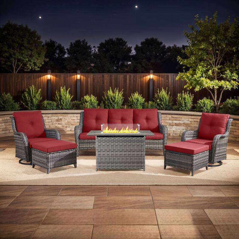Fire Pit Table with Patio Glider Chairs Sofa Chairs Set - Grey - Red