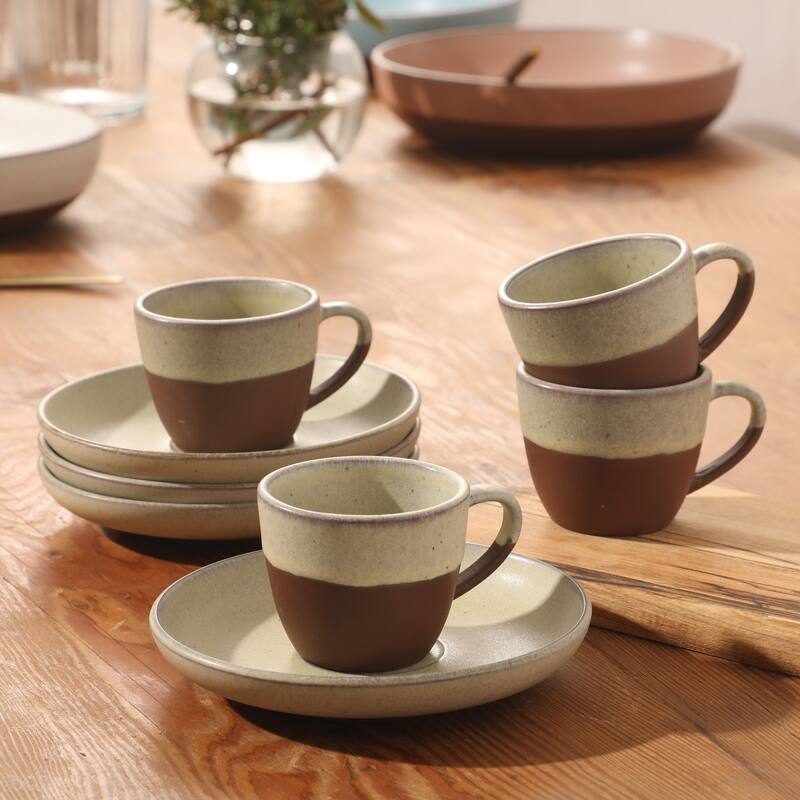 Gibson Elite William Crest 8 Piece Cup & Saucer -3.5oz Espresso Cups, 5.5" Saucers Reactive Stoneware Set
