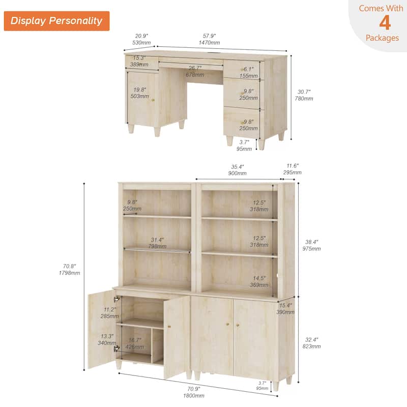 WAMPAT Home Office Furniture Set, 58" Executive Desk with Cabinet, 2-Column 71" Tall Bookcase with Doors and Adjustable Shelves
