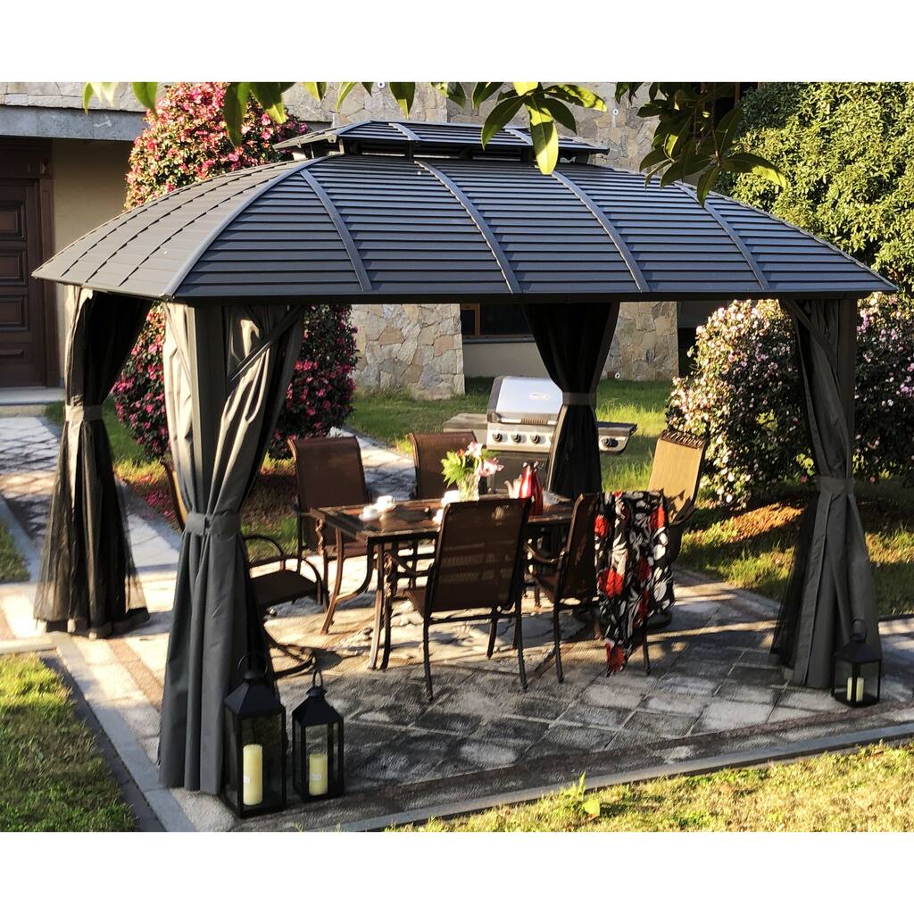 Kozyard Odyssey 10'x12' Hardtop Aluminum Permanent Gazebo with a Mosquito Net Sidewall and Privacy Wall