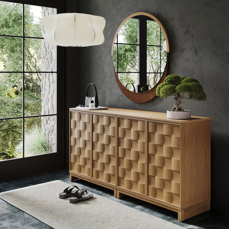 Paige Mid Century Modern Bar Cabinet Credenza, Light Wood Accent Cabinet with Sculpted Doors and Interior Adjustable Shelf