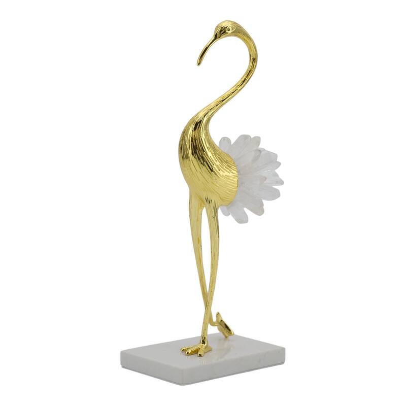 Metal Modern Crane Sculpture with Crystal Accents and Marble Base