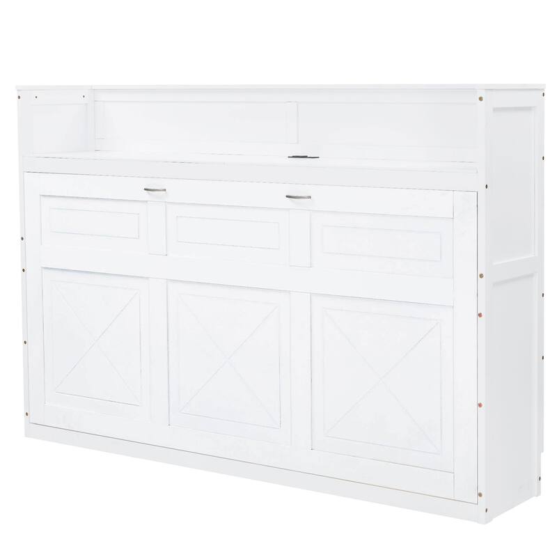 Twin XL Size Murphy Bed with Desk & LED Light, Solid Wood Bed Frame with USB Charging Station, for Small Spaces and Home Offices