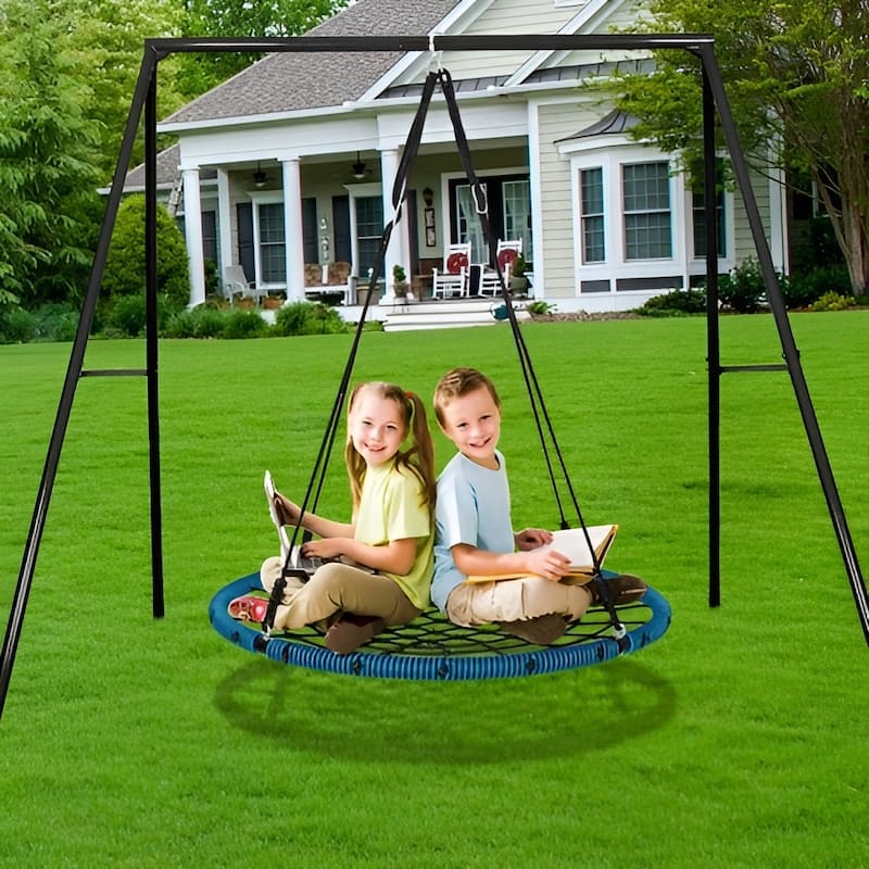 Blue Black Braided Rope Spider Web Swing, 750lb Round Tree Seat for Kids - 40" L x 1.8" H