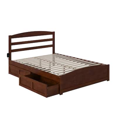 Queen Bed with Footboard & Drawers - Walnut Wood Platform Bed with Charging Station & Storage