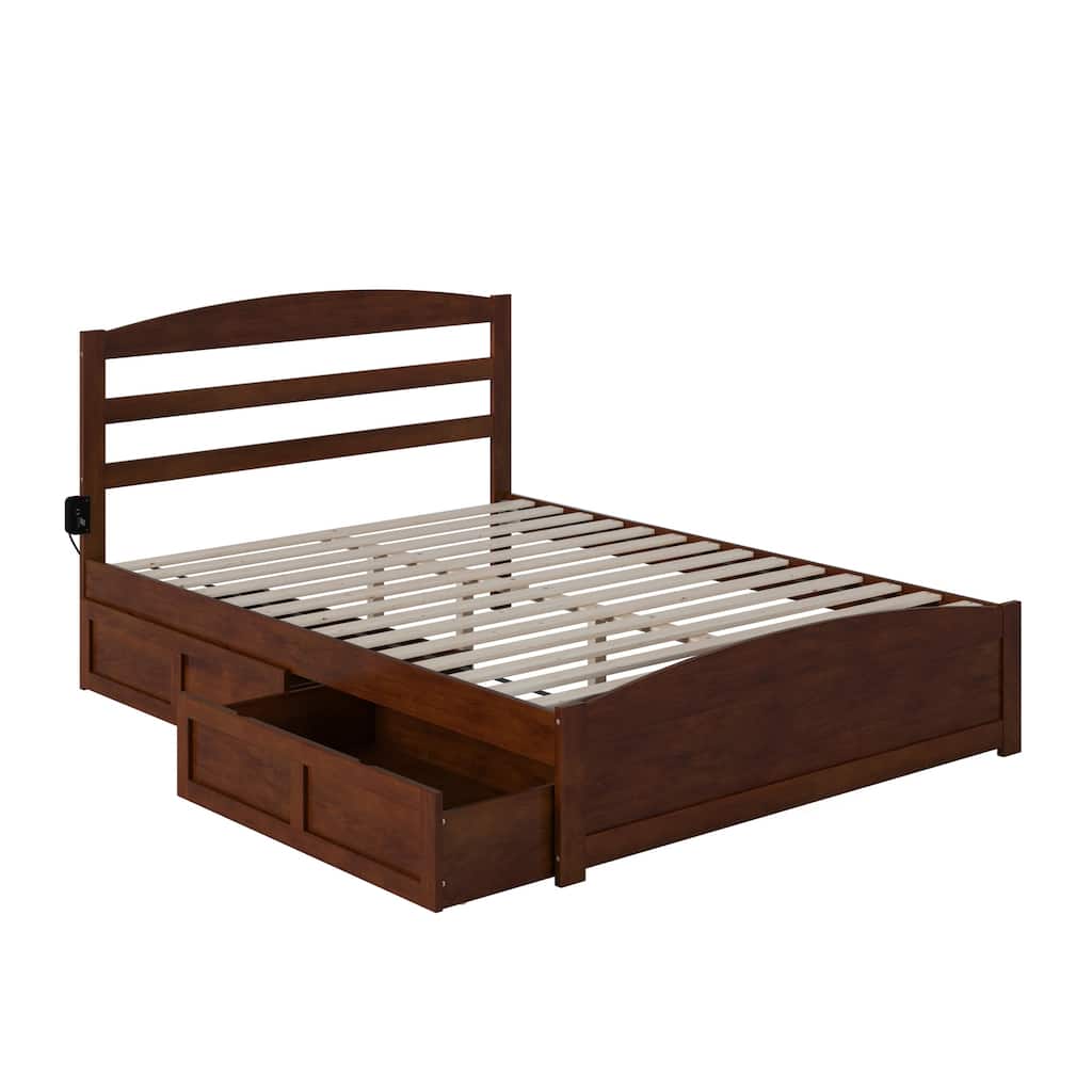Queen Bed with Footboard & Drawers - Walnut Wood Platform Bed with Charging Station & Storage