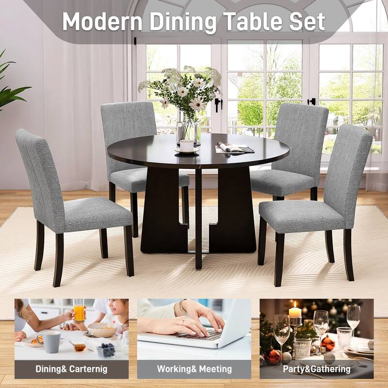 5-Piece Round Dining Table Set with Marble Veneer Table & Upholstered Chairs, Kitchen Set H-shape Legs, Adjustable Feet