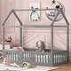 preview thumbnail 3 of 10, Twin Size Wood House Bed with Fence and Door, Playful Roof and Guardrails, Grey