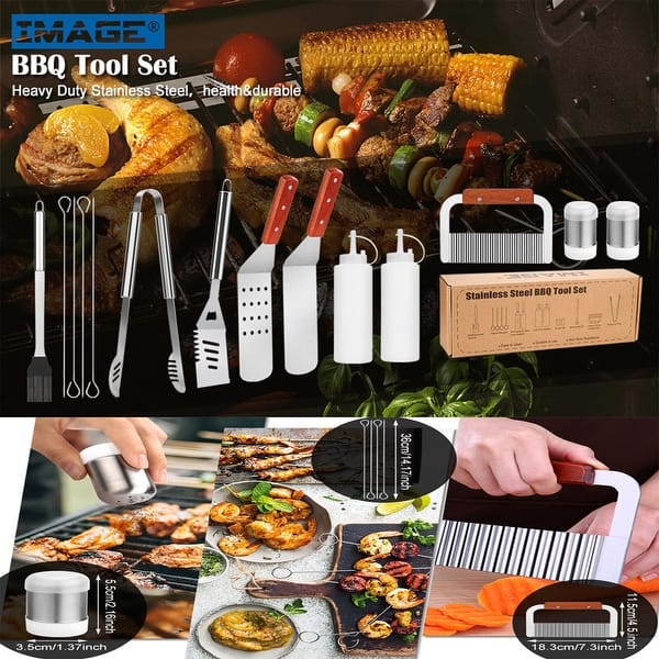 Heavy-Duty BBQ Grilling Tools Set Stainless Steel Spatula, Fork, Basting  Brush and Tongs Barbecue Accessories Kit-Grill