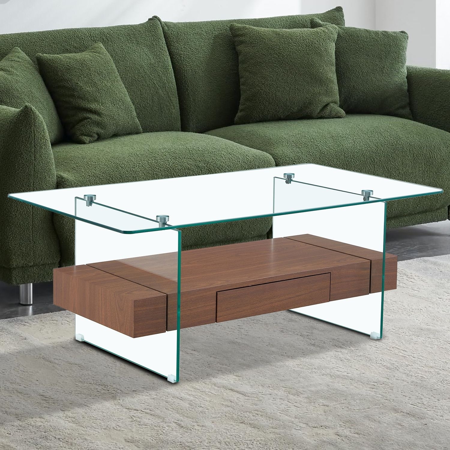 Vintage Classic Rectangular Wooden Storage Coffee Table with Glass