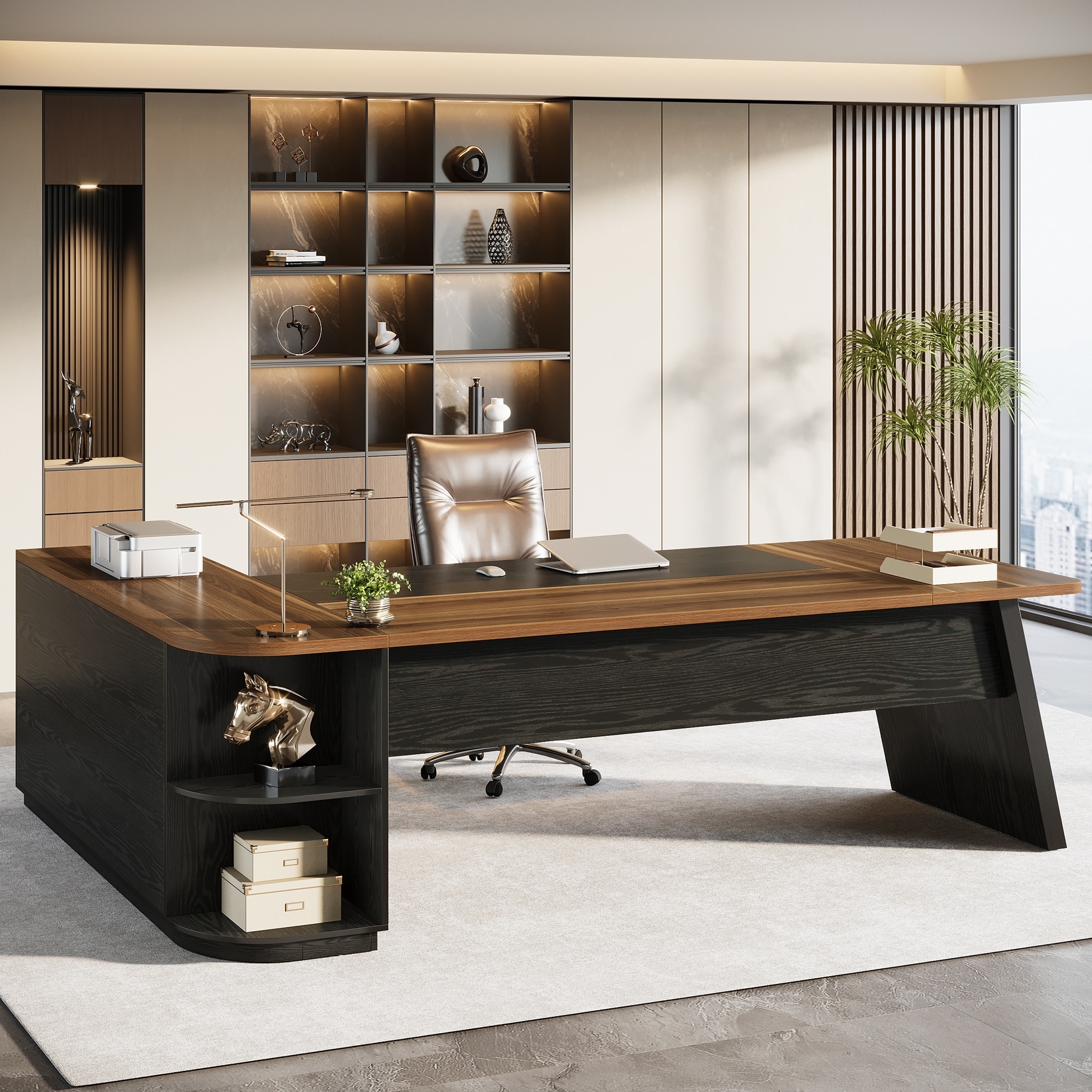 79 Inch Large Executive Office Desk with Cabinet, L-Shaped Desk with Storage Shelves, Wooden Corner Desk for Home Office