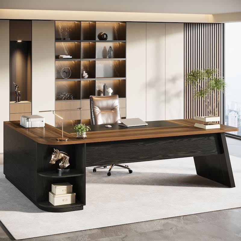 79 Inch Large Executive Office Desk with Cabinet, L-Shaped Desk with Storage Shelves, Wooden Corner Desk for Home Office - Black & Brown