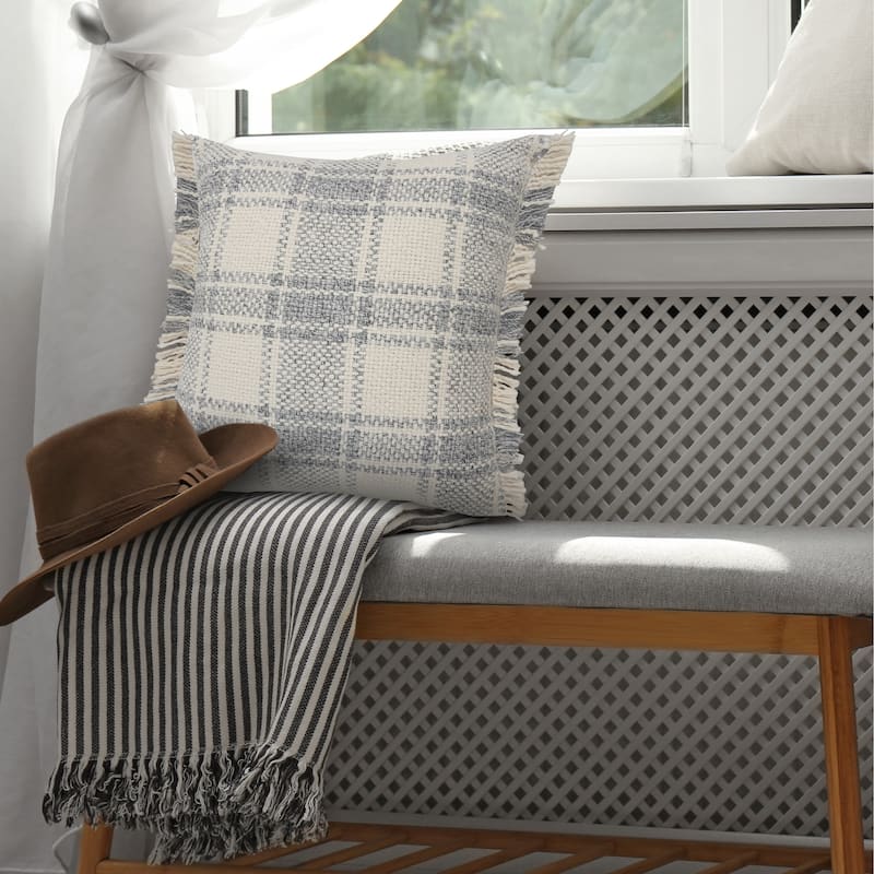 Sevita Ivory/Gray Tartan Cotton Blend Throw Pillow, Set of 2