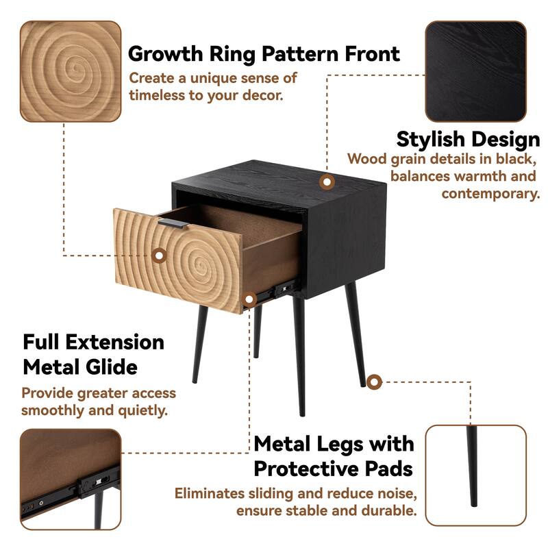 COZAYH Modern Farmhouse Nightstand, Drawer with Handcrafted Wood Ring Motif