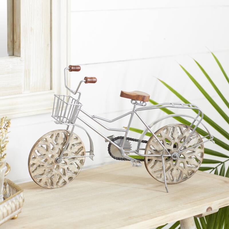 Metal Bike Decorative Sculpture with Carved Wood Wheels - White, Brown, Gold - Roche River Decor