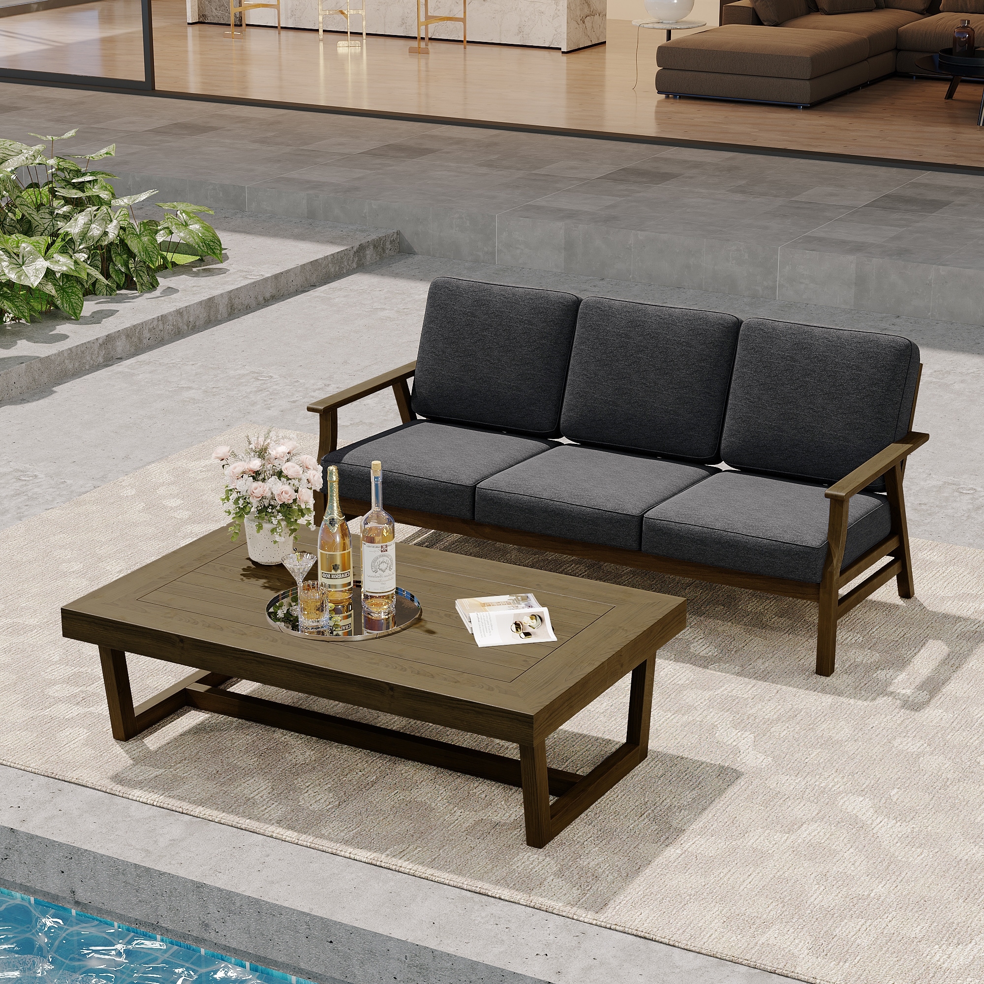 Modern Wood Outdoor Patio Sofa Loveseat with Cushion