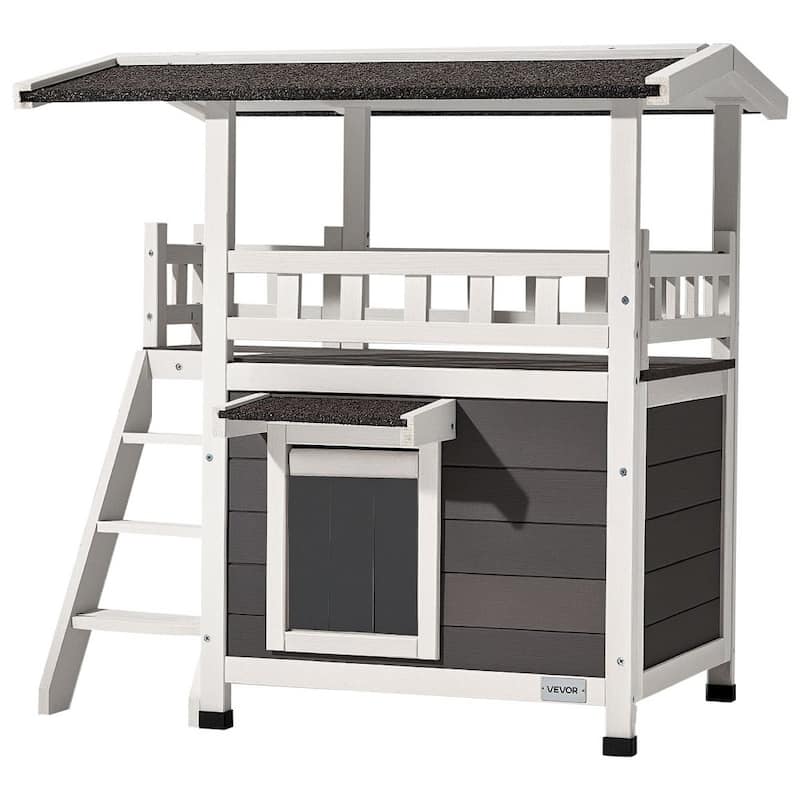 Outdoor Wooden Cat House with Balcony and Waterproof Roof Elevated Shelter for Sunbathing