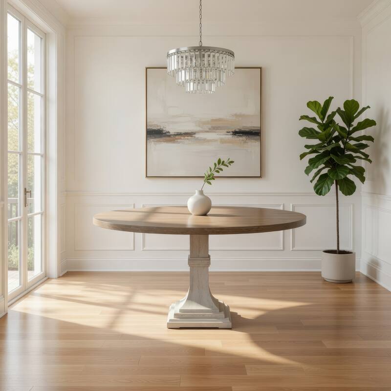 Sane 59 Inch Dining Table, Round Top with Pedestal Base, White, Gray