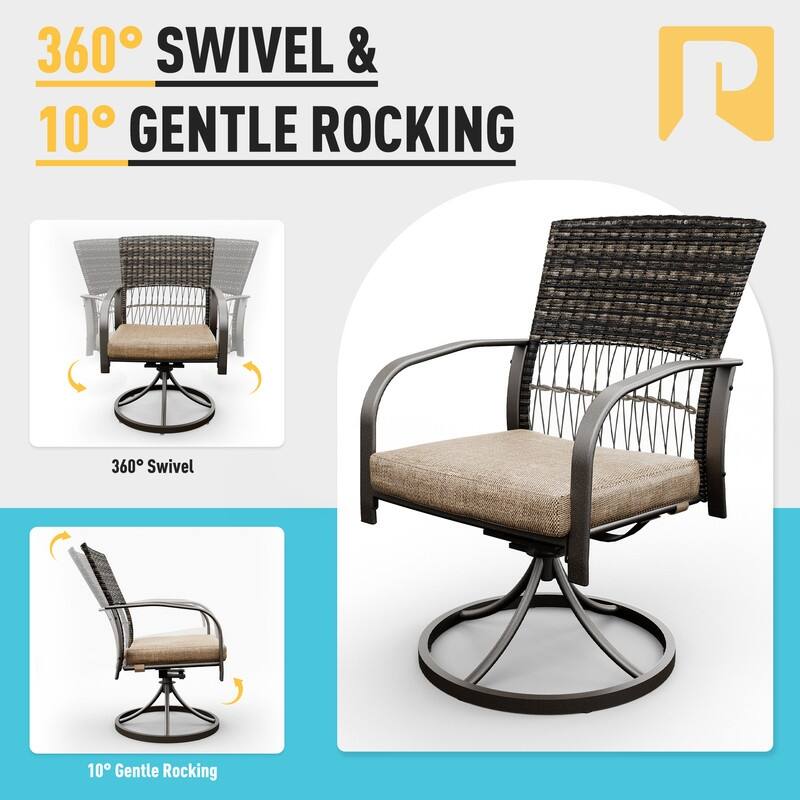 5-Piece Metal Patio Outdoor Dining Set with Square Table and Rattan Swivel Chairs with Cushion