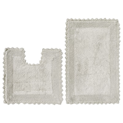 100% Cotton Ivory Bath Set 2 Piece Anti-Slip Solid Bordered Bathroom Mat, Large Contour Mat