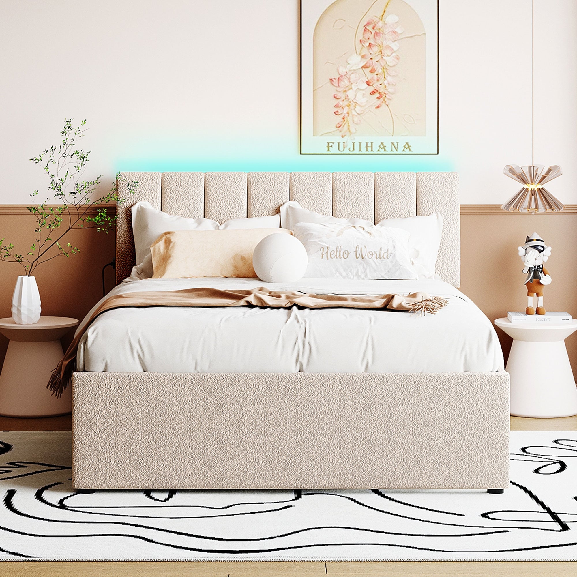 Full Size Teddy Fleece Platform Bed with Trundle Upholstered Bed Frame & Tufted Headboard Bunk Bed, Space-Saving, Easy Assembly