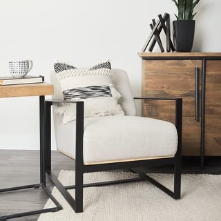 Stamford Black Genuine Leather w/ Light Brown Solid Wood Back & Black Iron Frame Accent Chair