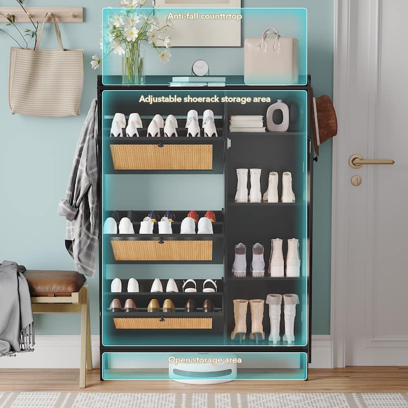 Shoe Cabinet, Natural Rattan Freestanding Shoe Organizer with 3 Flip-out Drawers and 4 Open Shelves Side Cabinet