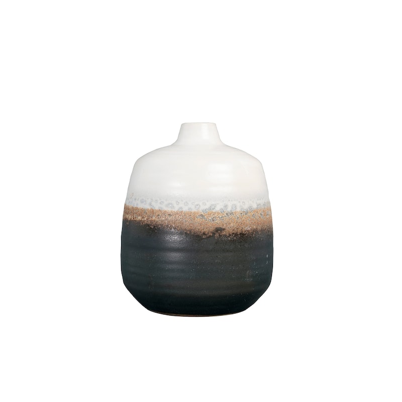 Black & White Ceramic Vase with Brown Reactive Glaze Accent