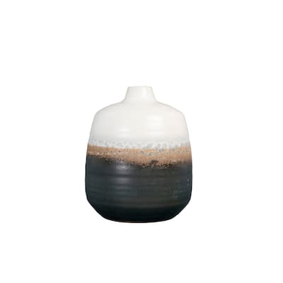 Black & White Ceramic Vase with Brown Reactive Glaze Accent
