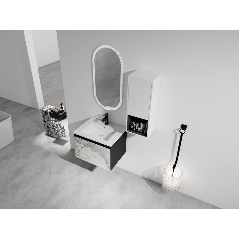 24" Wall-Mounted Bathroom Vanity with Ceramic Sink and Soft-Close Doors, Side Cabinet for Extra Storage