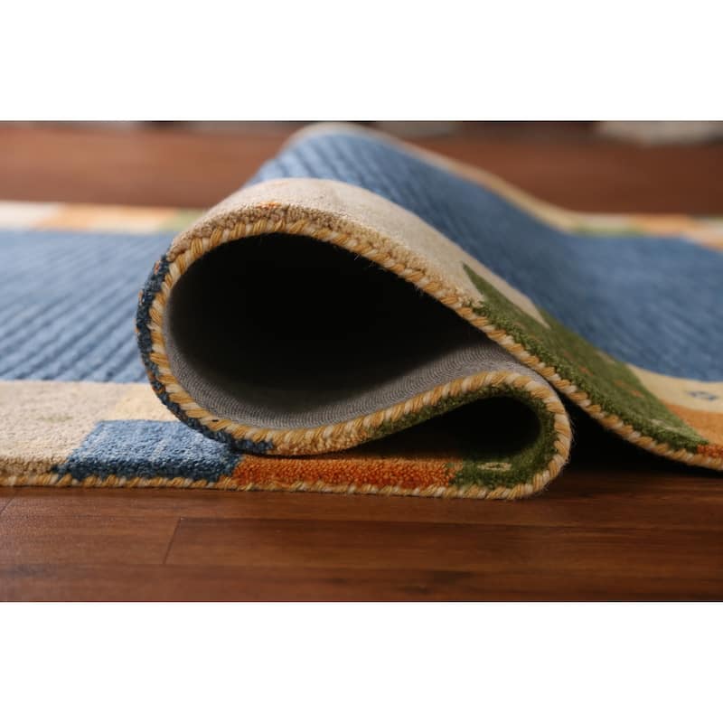 Blue Geometric Gabbeh Indian Area Rug Handmade Border Wool Carpet - 5'3" x 7'7"