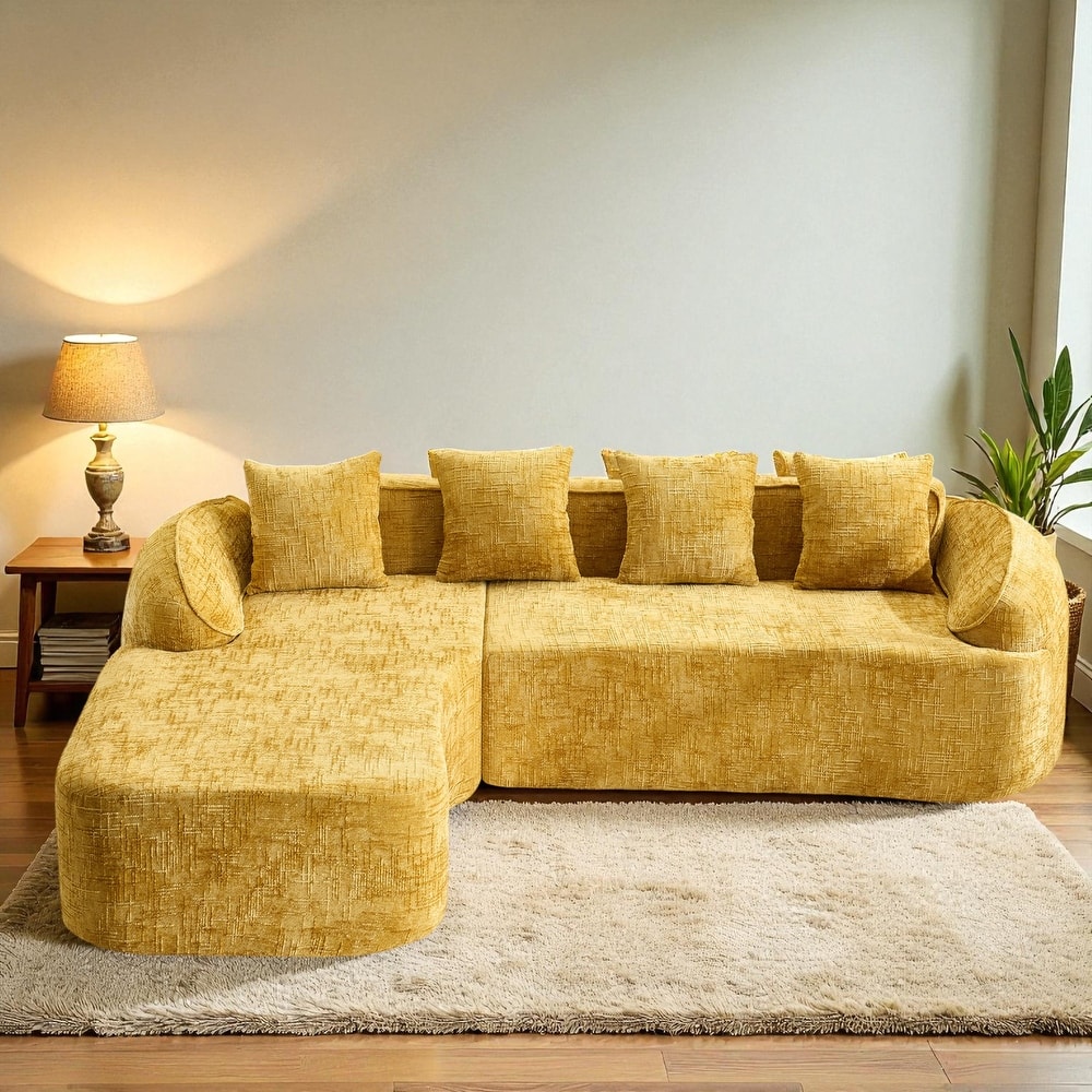 Chenille L-Shaped Compressed Sofa, 4-Seat Sectional Couch with Curved Armrests, High-Elastic Sponge & 4 Throw Pillows
