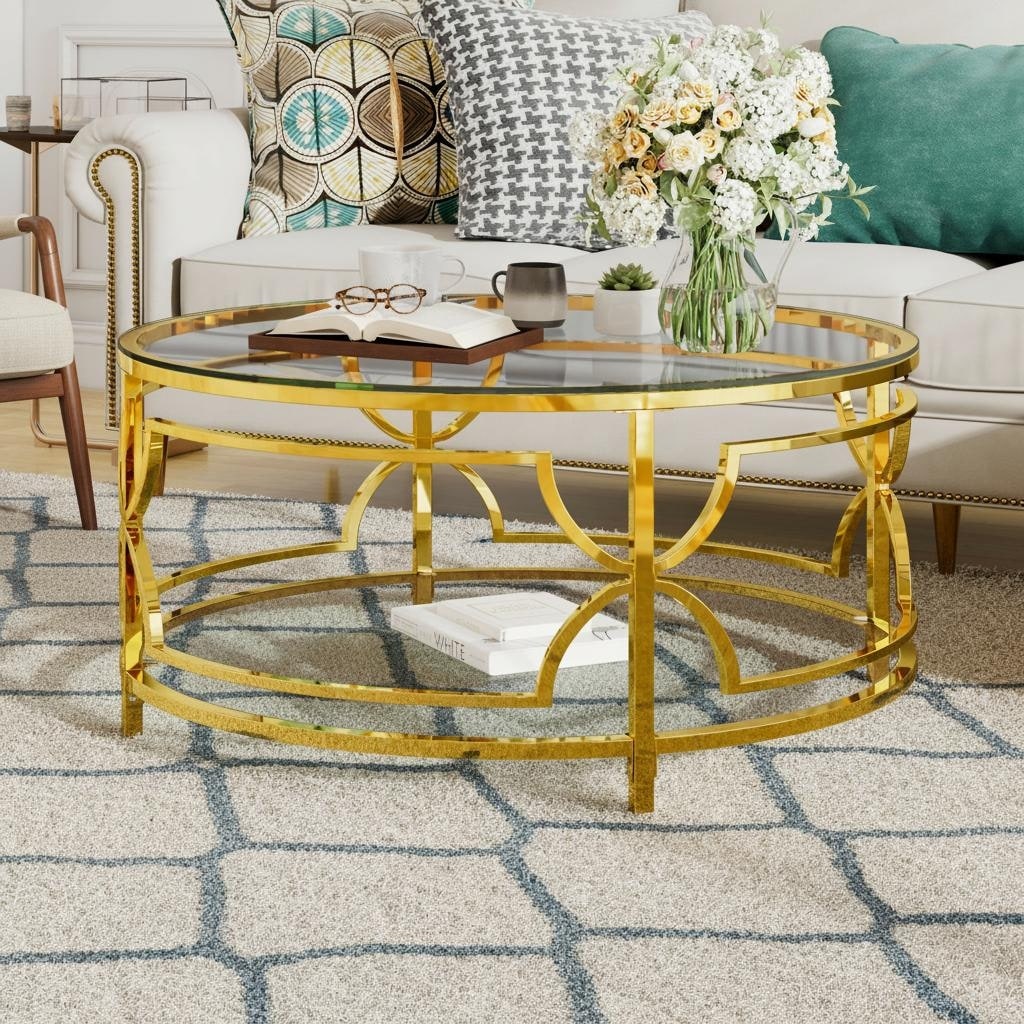 Round Glass Coffee Table with Luxurious Geometric Metal Frame by Harper&Bright Designs