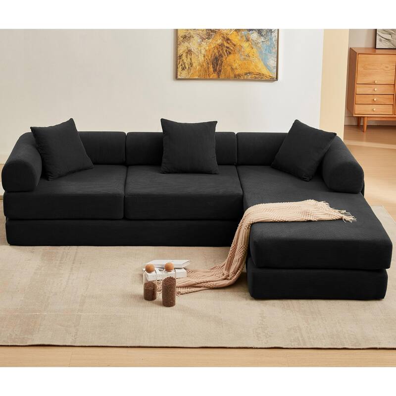107" L-Shaped 6-in-1 Corduroy Modular Sectional Sofa, Convertible Out Sofa Bed, 4-Seat, Black