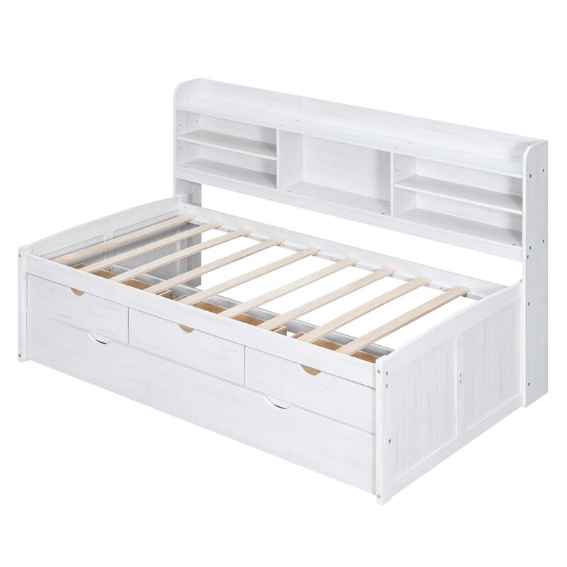 Twin Wooden Captain Bed with Bookshelves, 3 Storage Drawers, and Trundle