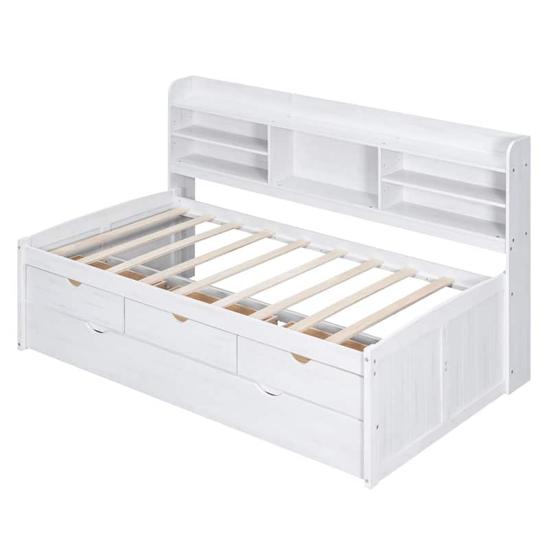 Wooden Captain Bed with Built-In Bookshelves, 3 Storage Drawers and Trundle