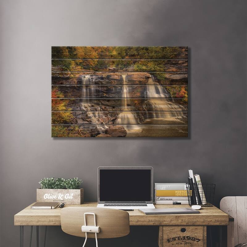 USA, West Virginia, Blackwater Falls State Park. Waterfall and forest scenic. Print On Wood by Jaynes Gallery - Multi-Color